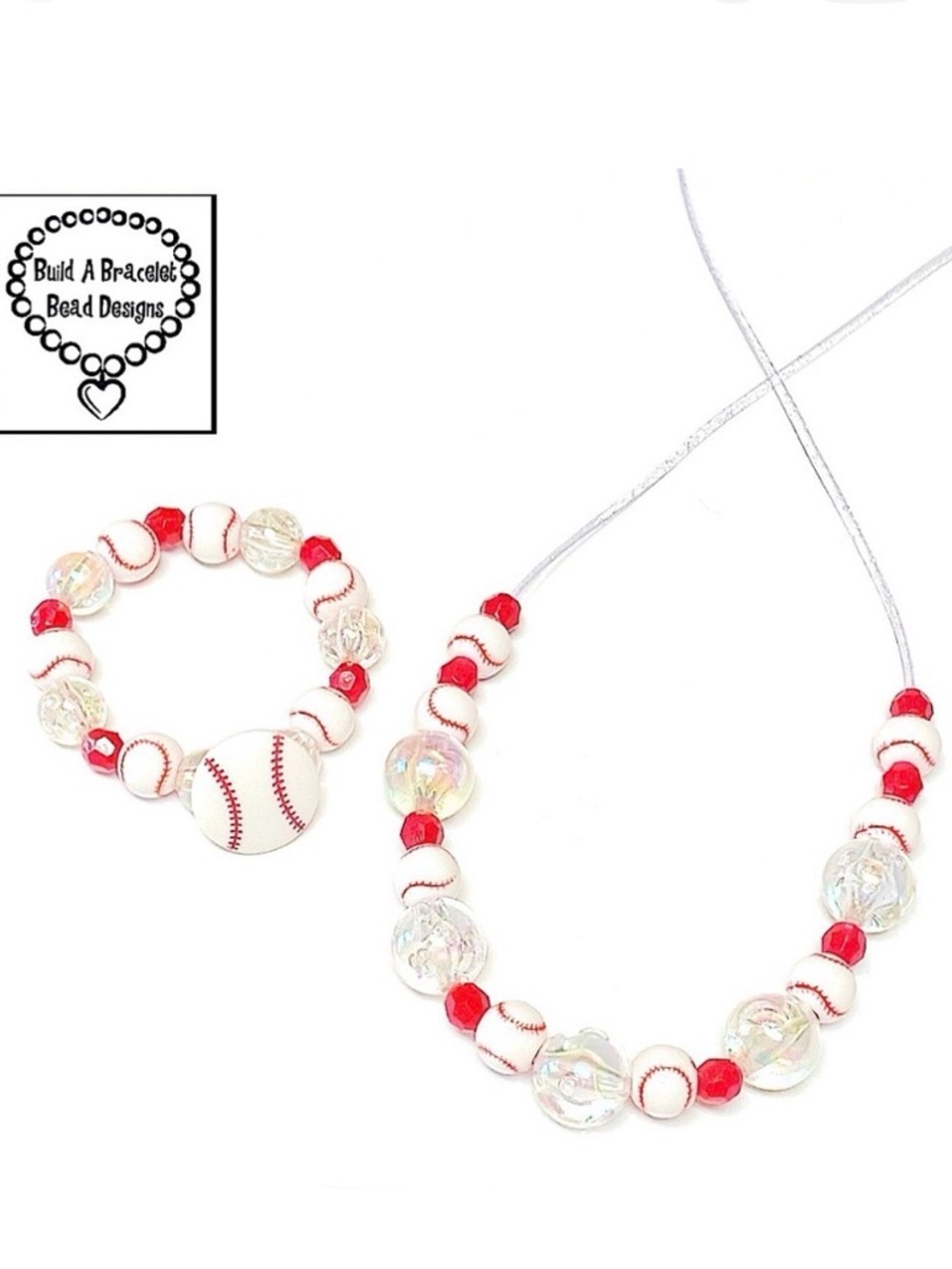 Handmade Baseball Necklace Bracelet Set Red White Beaded Sports Jewelry Gift